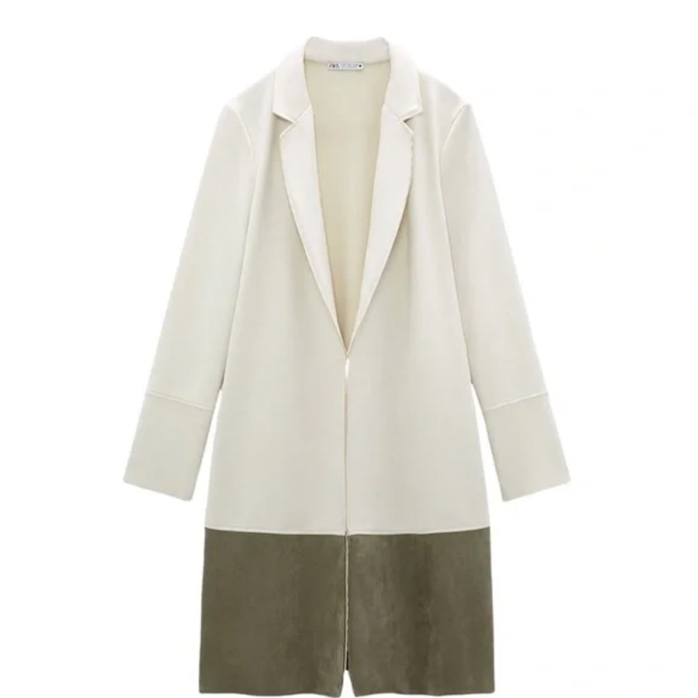 Zara Cardigan Faux Suede Longline Duster Open Front Color Block Lapel Coat Khaki